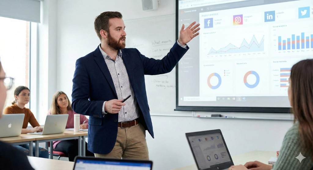 Digital marketing instructor presenting analytics